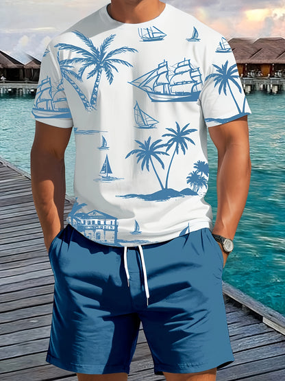 Men'S 2pcs Summer Outfit Set - Coconut & Yacht Print, Crew Neck, Knit Polyester 100%, Slight Stretch, Regular Fit, Casual Weekend Wear, 180gsm - Daily & Leisure Style