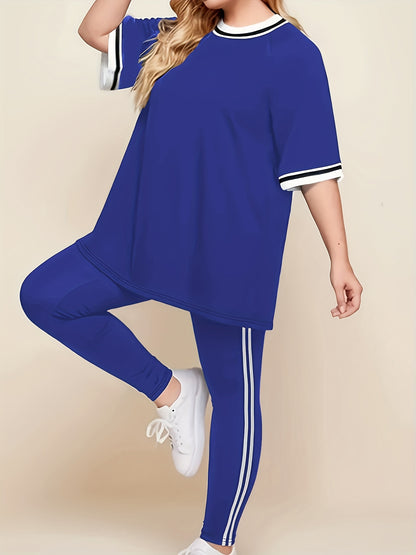 Կանացի մեծ չափսի առօրյա հանգստի հավաքածու - մոխրագույն և սպիտակ գծավոր մեծ չափսի մարզաշապիկ համապատասխան մարզաշապիկով, հարմարավետ բոլոր եղանակների տնային հագուստ, մարզաշապիկներ կանանց համար