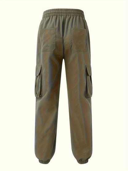 Men'S Fashion Cargo Pants, 100% Polyester Woven Fabric, All-Season Loose Fit with Drawstring Waist, Multi-Pocket Design, Solid Color, Mid Waist, Regular Length, Non-Stretch, Casual Joggers for Weekend - 160g/m²