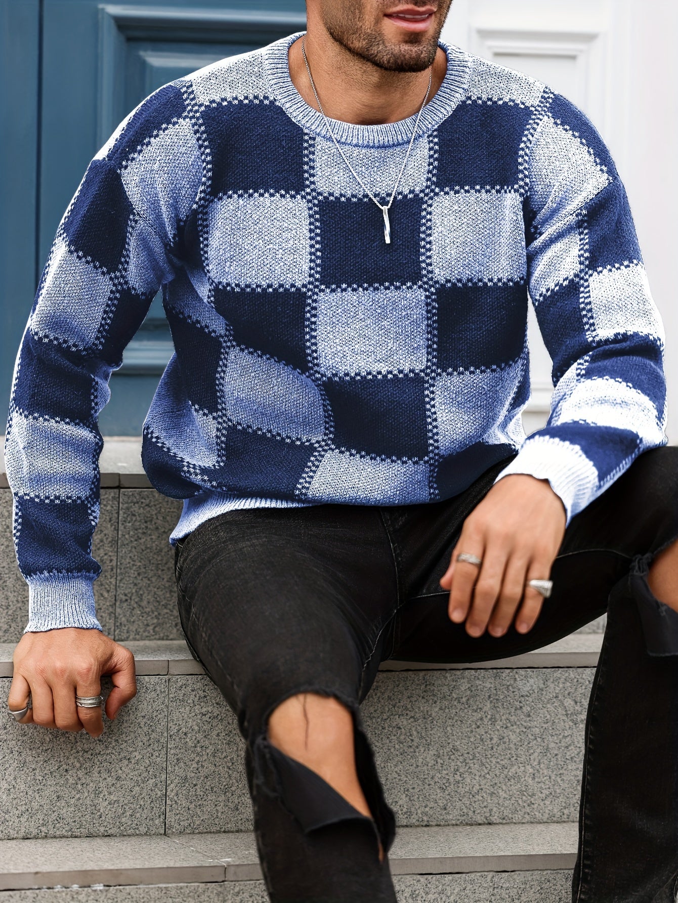 Տղամարդկանց գունաբլոկինգ տեքստուրային պրինտ, պատահական թրենդային սվիտեր, երկարաթև պուլովեր՝ որպես նվեր աշնան և ձմռան համար