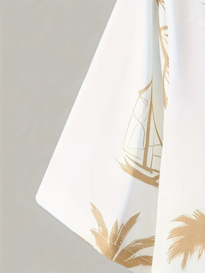 A set of 2 stylish Men's palm tree pattern summer fresh T-shirts and shorts, micro-stretch polyester knit fabric with a fitted fit, suitable for outdoor activities and family gatherings.