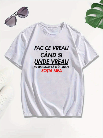 Տղամարդու կարճ թևքով ռումինական «Qitate» գրությամբ շապիկ - «Face Ce Vreau Cand Si Under Breath» տպագրությամբ, թեթև պոլիեսթերային, ամառային ամենօրյա վերնաշապիկ, կլոր վզնոցով, լվացվող մեքենայով, լվացվող մարզաշապիկ՝ թավ տեքստով, թեթև նյութով։