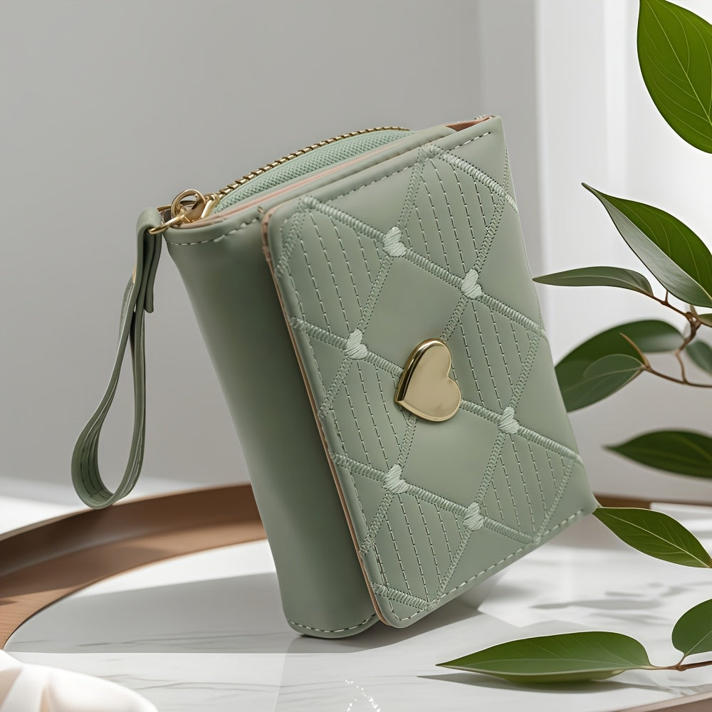Fashion Rhombus Heart Pattern Tri-Fold Multi-Card Slot Zippered Compartment Multi-Functional Portable Mini Women's Wallet
