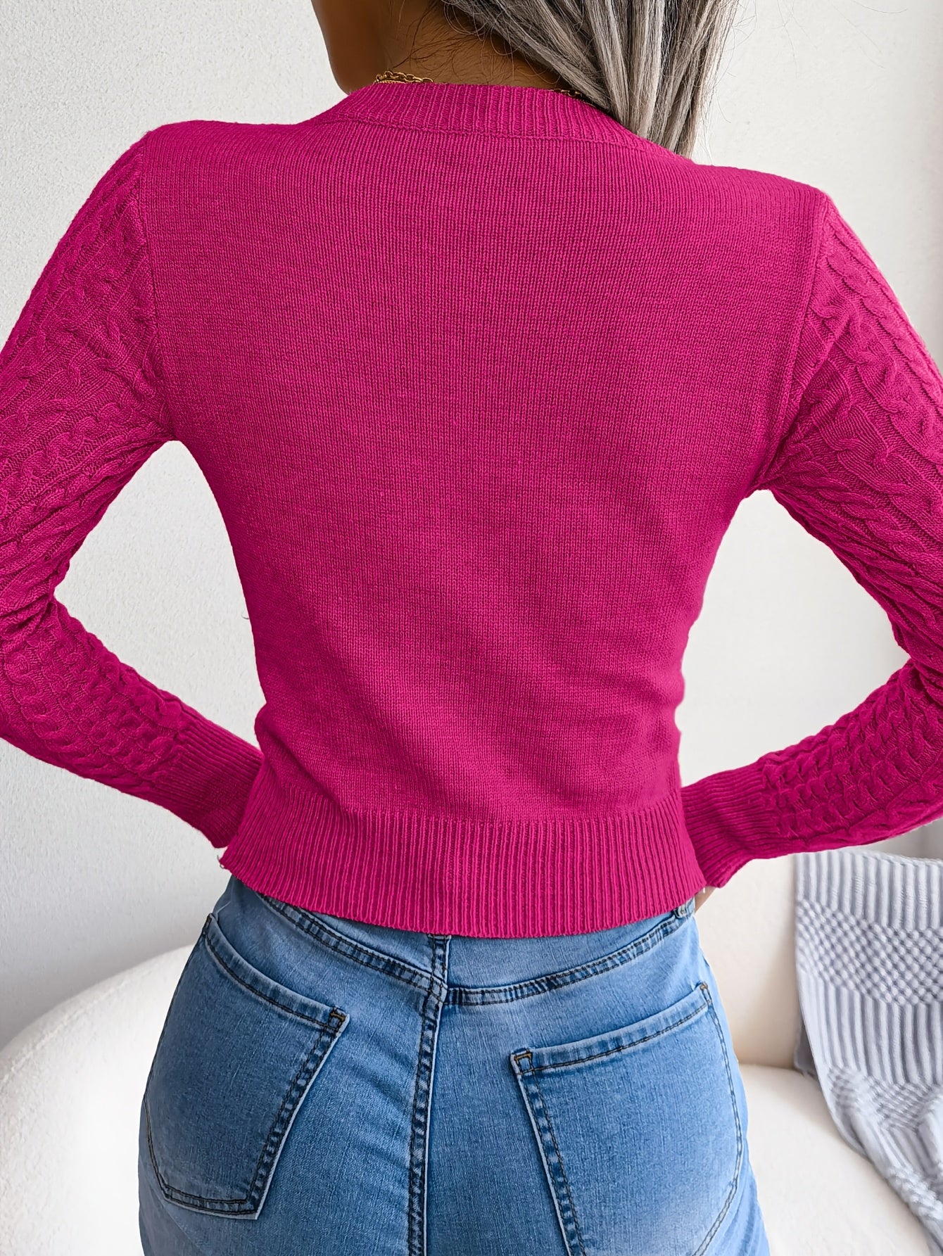 Women's Elegant High-Stretch Cable- Sweater - Long Sleeve Round Neck Pullover with Lace-Like Cut-Outs, Slim Fit Solid Black Top for Spring & Fall, Casual to Semi-Formal Wear, Cute Sweaters, Fall Wardrobe Essential, Sophistica