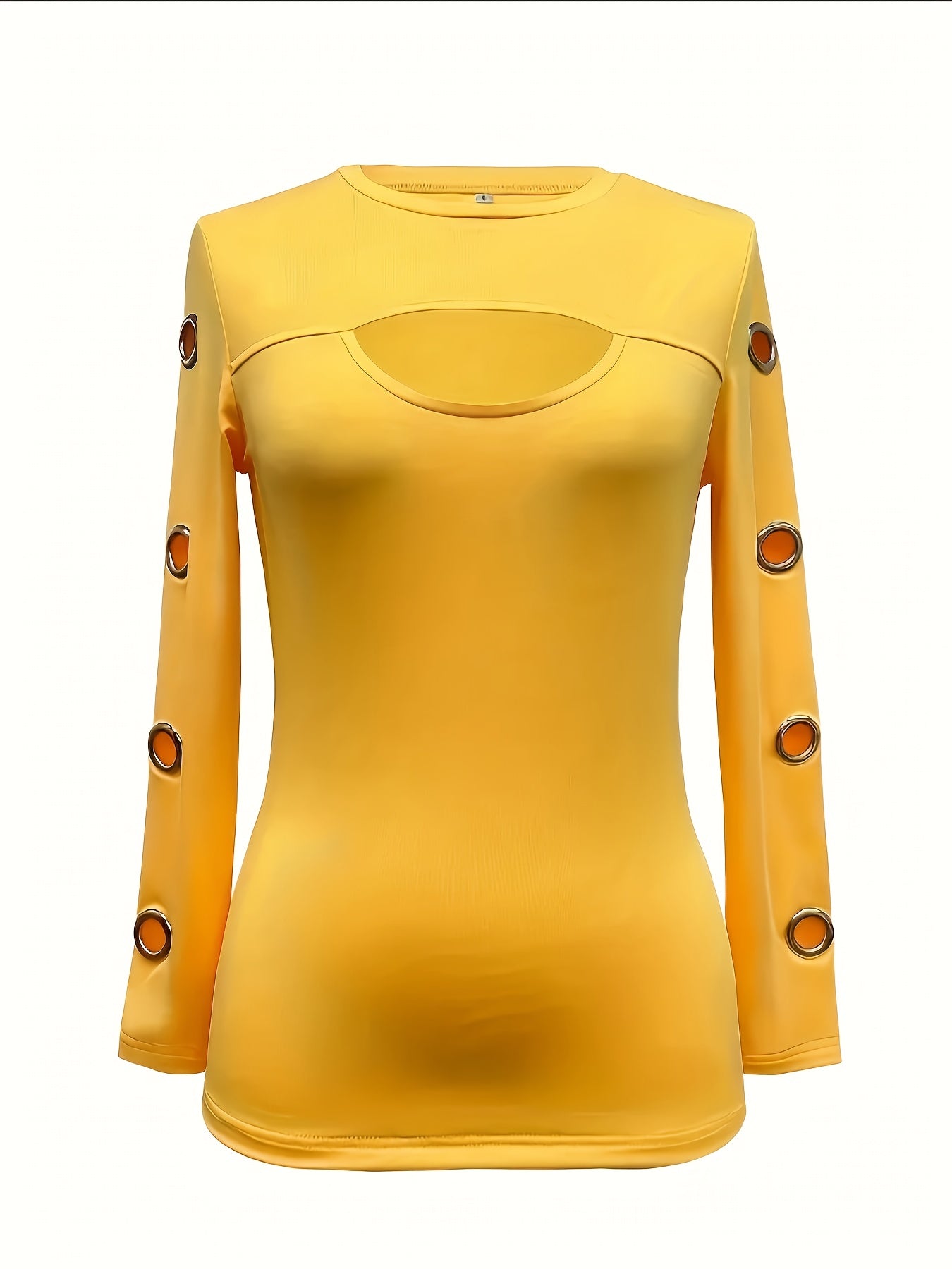 Women's Elegant Black Long Sleeve T-Shirt with Golden-Tone Circular Buttons - Round Neck Medium Stretch Top for Spring & Fall, Solid Color Regular Fit Casual to Semi-Formal Wear, Transitional Season Clothing, Sophisticated Bu