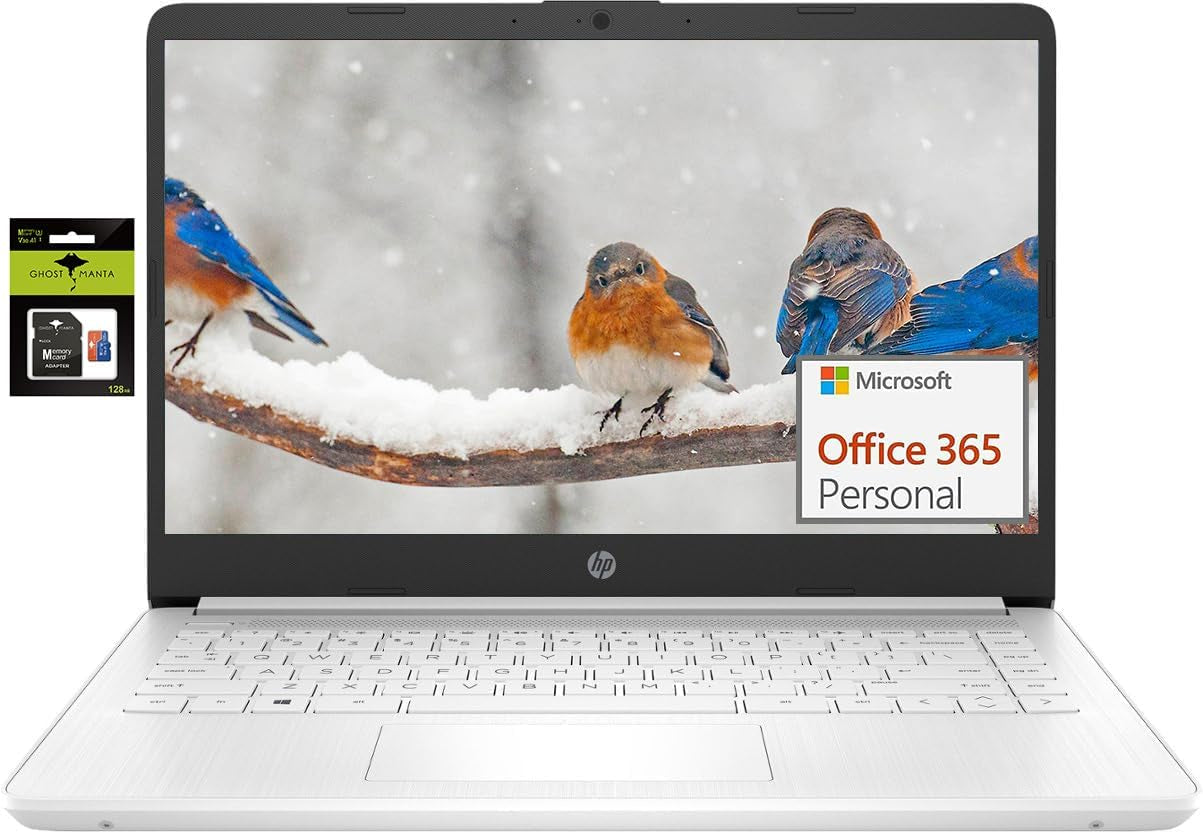 HP Laptop Computer 14" Ultral Light for Students and Business, 4 Cores Intel Celeron, 16GB RAM, 256GB Storage(128Gb Emmc+128Gb Ghost Manta SD), 1 Year Office 365, Webcam, HDMI, Wifi, USB-C, Win 11 S
