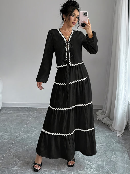 Կանացի նորեկ սև ու սպիտակ ծալքավոր, ժանյակավոր եզրագծով երկար թևքերով վերնաշապիկ՝ կապվող գոտկատեղով, ոճային, էլեգանտ, արձակուրդային, ամենօրյա, ժամադրության, երեկույթի, երկկտոր հագուստ՝ հարմար բոլոր եղանակների համար։