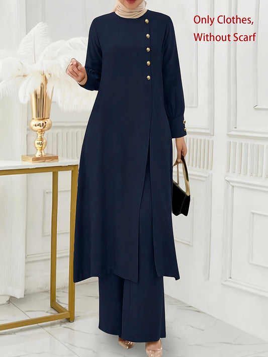 Ռամադան, կանացի, առջևի կոճակներով, երկար թևքերով և կտրվածքով զգեստ և տաբատ, արաբական ոճի, 2 հատանոց հավաքածու, միայն հագուստ, առանց գլխաշորի