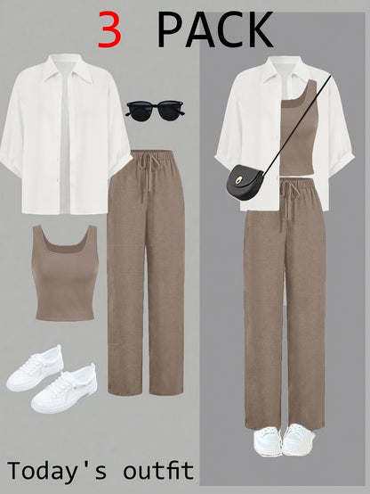 3 հատ ամառային կանացի առօրյա վերնաշապիկի և տաբատի հավաքածու