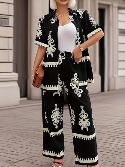 Casual Country Print Pattern Loose Short Sleeve Top and Pants Two-Piece Set Summer Clothes, Elegant Summer Evening Mist