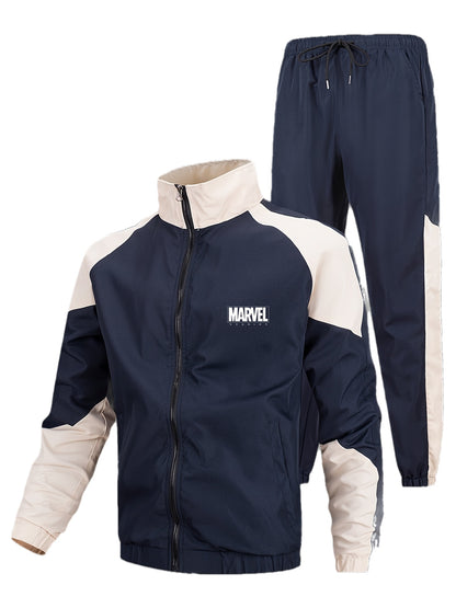 Marvel տղամարդկանց բացօթյա սպորտային հավաքածու, ամբողջական հավաքածու երկարաթեւ բաճկոնով և առաձգական գոտիով տաբատով, Marvel տառերով տպագրություն, հիմնական մարզական հագուստ, շնչող գործվածք, հարմար է սպորտի, ֆիթնեսի, ամենօրյա հագուստի համար: