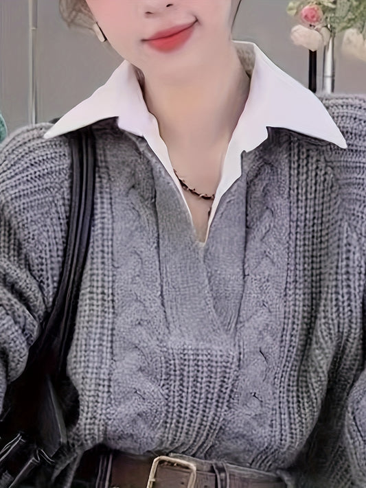 2 In 1 Contrast Color Collared Sweater, Chic Cable Knit Long Sleeve Polo Sweater For Fall & Winter, Women's Clothing - ayq
