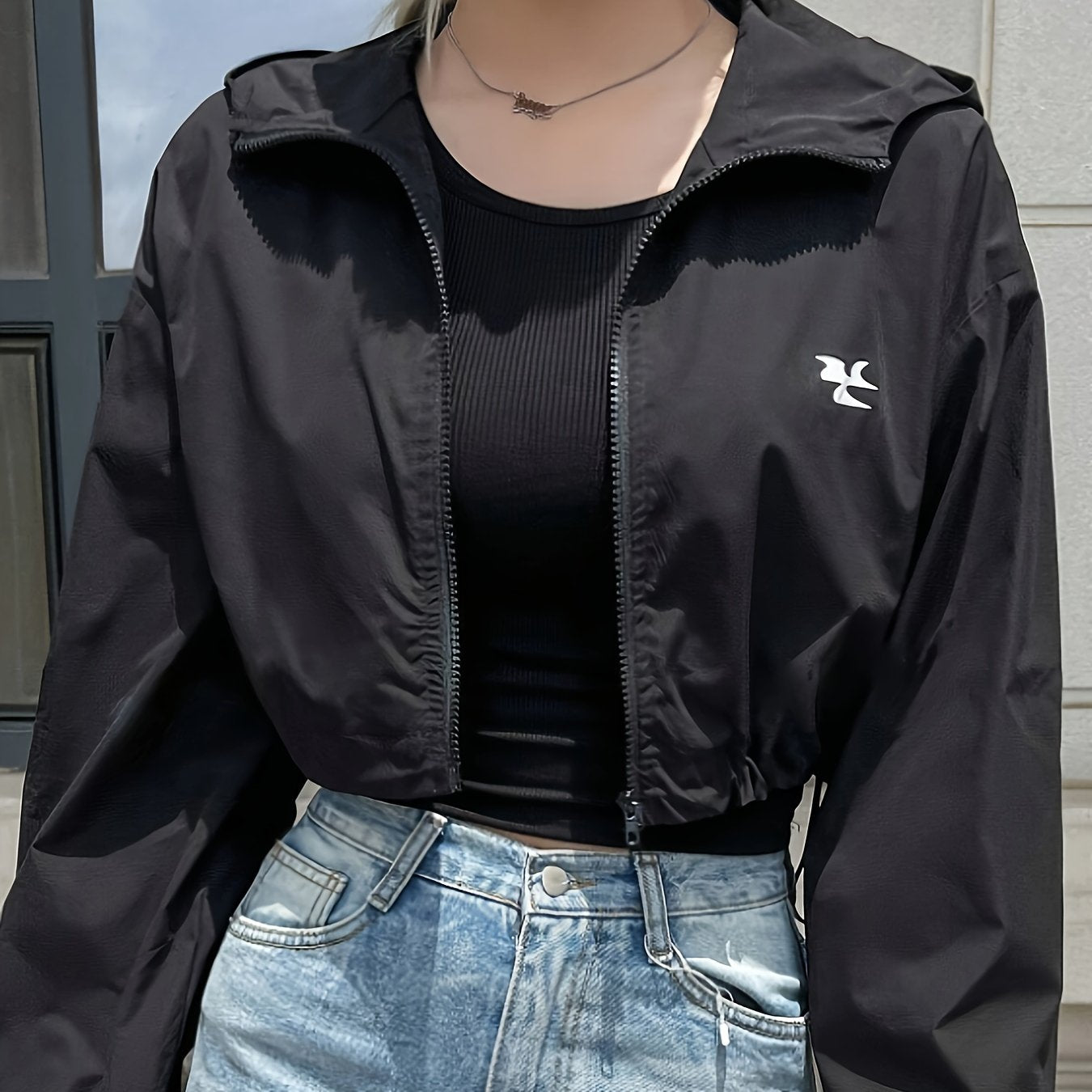 Chic Hooded Jacket for Women - Solid Color, Zip-Up, Polyester, Machine Washable - Perfect for Spring/Fall - ayq