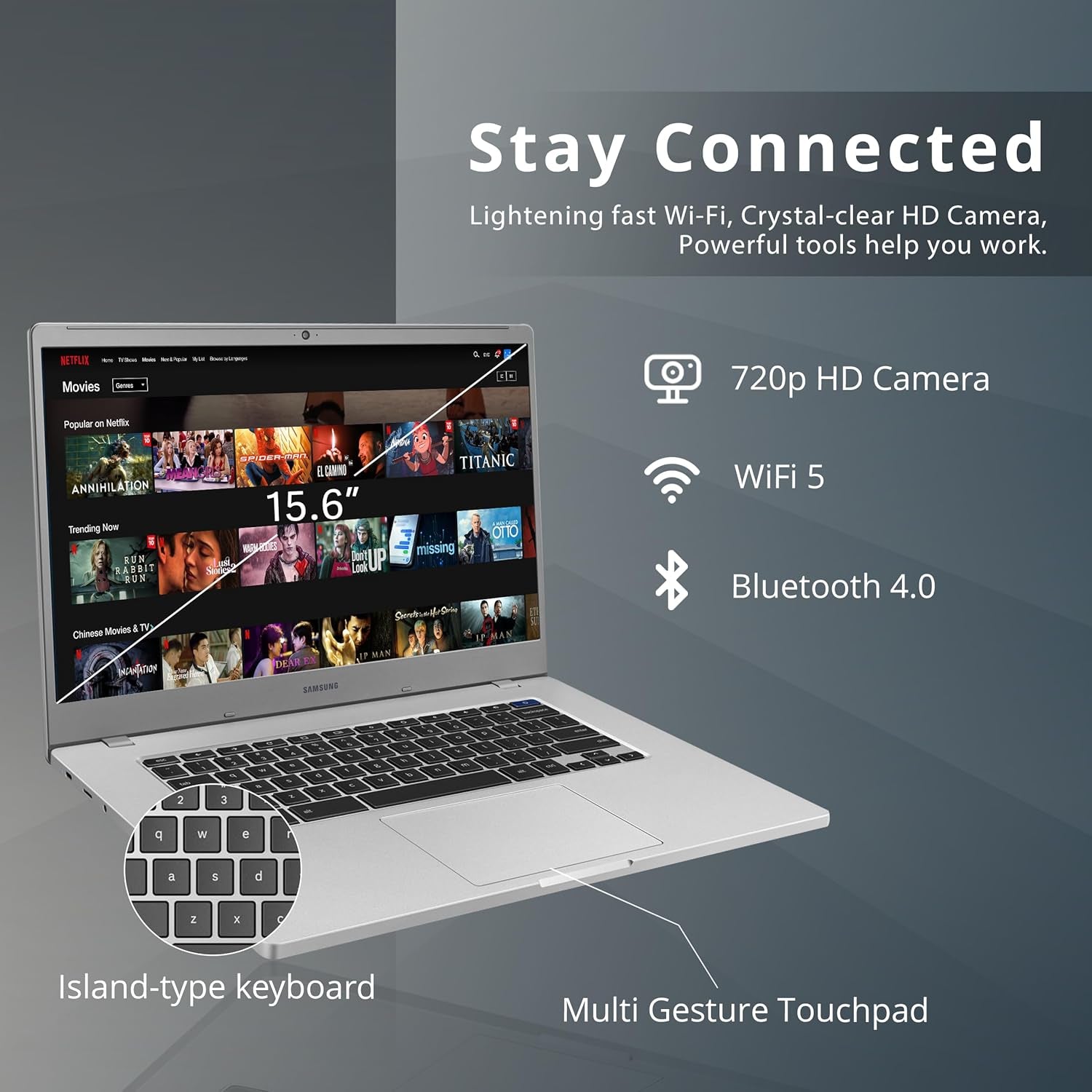 SAMSUNG Chromebook 4+ Laptop, 15.6" FHD LED Display, Intel Celeron N4000, 4GB RAM, 64GB Emmc, HD Webcam, Wi-Fi 5, Bluetooth, Chrome OS, Platinum Titan, 32GB USB Card