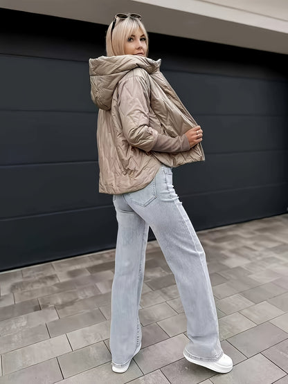 Women's Full-Zip Hooded Jacket - Beige Winter Coat with Full-Zip Front Closure, Machine Washable Long Sleeve Outerwear, Casual Warm Coat for Cold Weather, Windproof Blazer (No Belt/Hardware) - Versatile for Jeans & Dresses, J