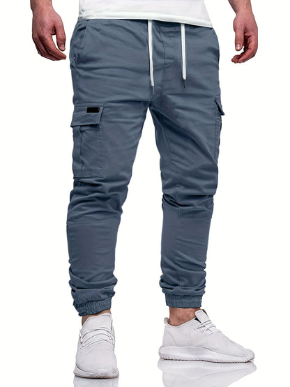 Men's Fashion, Regular Fit And Cuffed Solid Cargo Pants With Flap Pockets, Chic And Trendy Solid Drawstring Leisure Trousers For Daily Outerwear - ayq