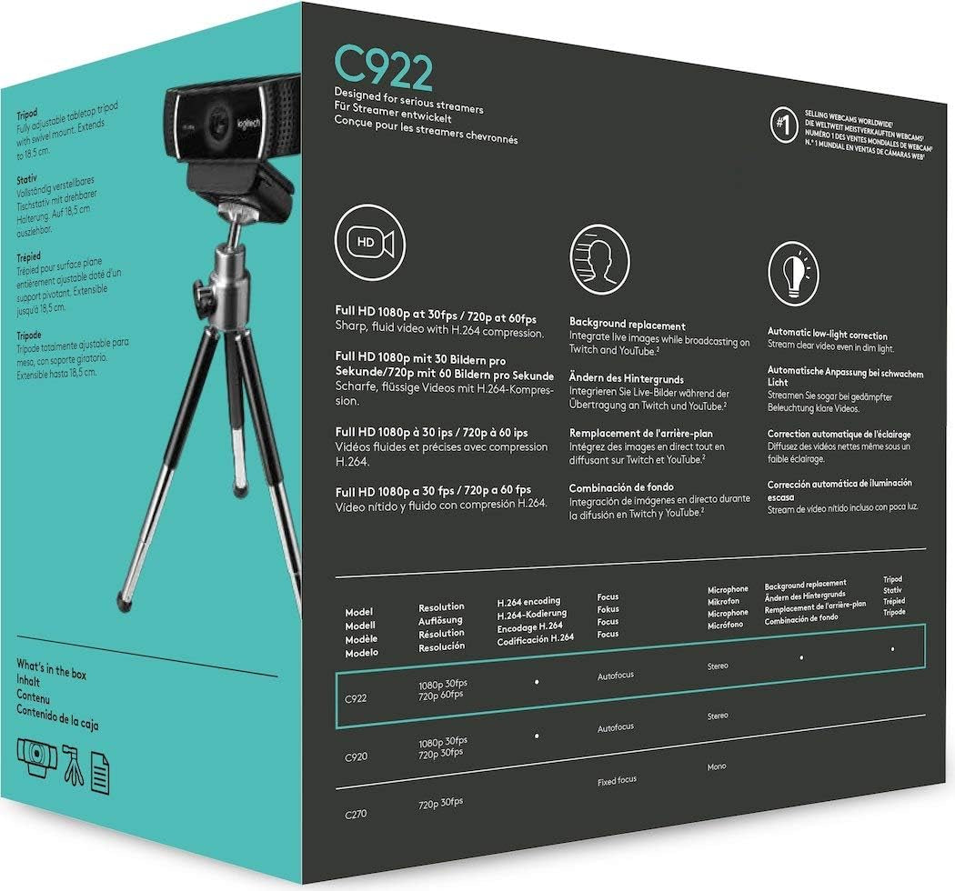Logitech HD C922 Pro Webcam, 1080P Camera for Streaming Gaming Sessions, Background Replacement, Tripod Included