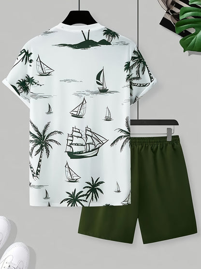 A set of 2 stylish Men's palm tree pattern summer fresh T-shirts and shorts, micro-stretch polyester knit fabric with a fitted fit, suitable for outdoor activities and family gatherings.