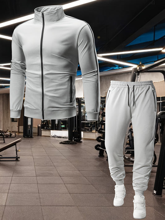 Տղամարդու առօրյա սպորտային հագուստի հավաքածու՝ Գարուն/աշուն՝ կանգնած օձիքով բաճկոն, երկու մասից բաղկացած հավաքածու՝ ժապավենով ձգվող առաձգական գոտկատեղով տաբատով, տղամարդու վերին և ստորին հագուստ վազքի համար, կայծակաճարմանդով գրպանի դիզայն