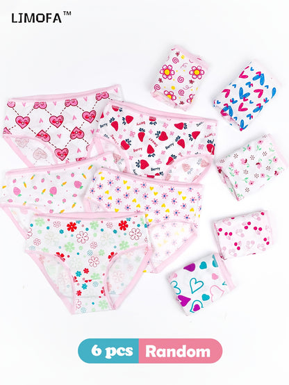 6pcs Girls' Cotton Panties, Love & Floral Pattern Soft Breathable Lace Triangle Underwear