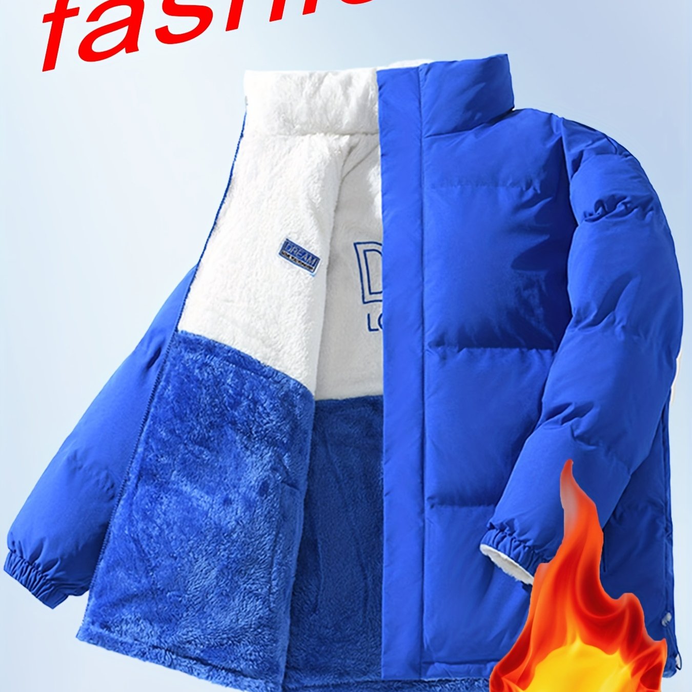 Men'S Double-Sided Fleece-Lined Thickened Jacket - Casual Stand Collar with Letter Print, Regular Fit, Pockets, Polyester Fill, Versatile for Fall/Winter, Winter Jacket