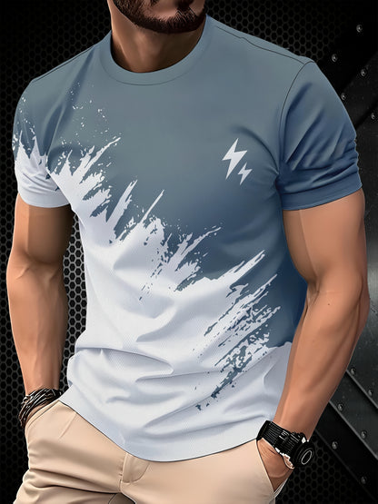 Men's Casual Short Sleeve T-Shirt with 3D Lightning Print, Dual-Tone Design, Round Neck - Polyester Blend, Machine Washable, Ideal for Summer Outdoor Activities, Summer Casual Wear|Round Neck Top|Smooth Fabric