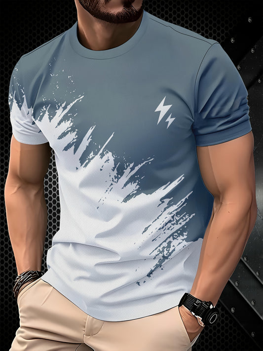 Men's Casual Short Sleeve T-Shirt with 3D Lightning Print, Dual-Tone Design, Round Neck - Polyester Blend, Machine Washable, Ideal for Summer Outdoor Activities, Summer Casual Wear|Round Neck Top|Smooth Fabric