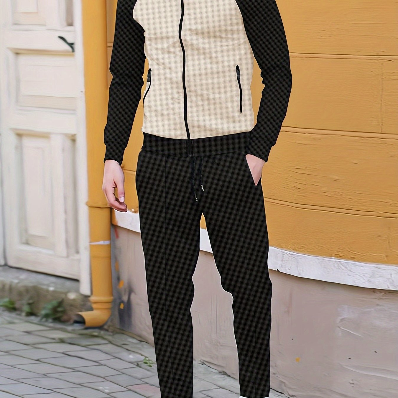 Տղամարդու սպորտային գունային բլոկով կայծակաճարմանդով բաճկոնի և վազքի տաբատի հավաքածու - պոլիեսթերի խառնուրդ, իդեալական է գարնան/աշնան համար