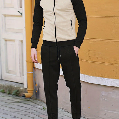 Տղամարդու սպորտային գունային բլոկով կայծակաճարմանդով բաճկոնի և վազքի տաբատի հավաքածու - պոլիեսթերի խառնուրդ, իդեալական է գարնան/աշնան համար