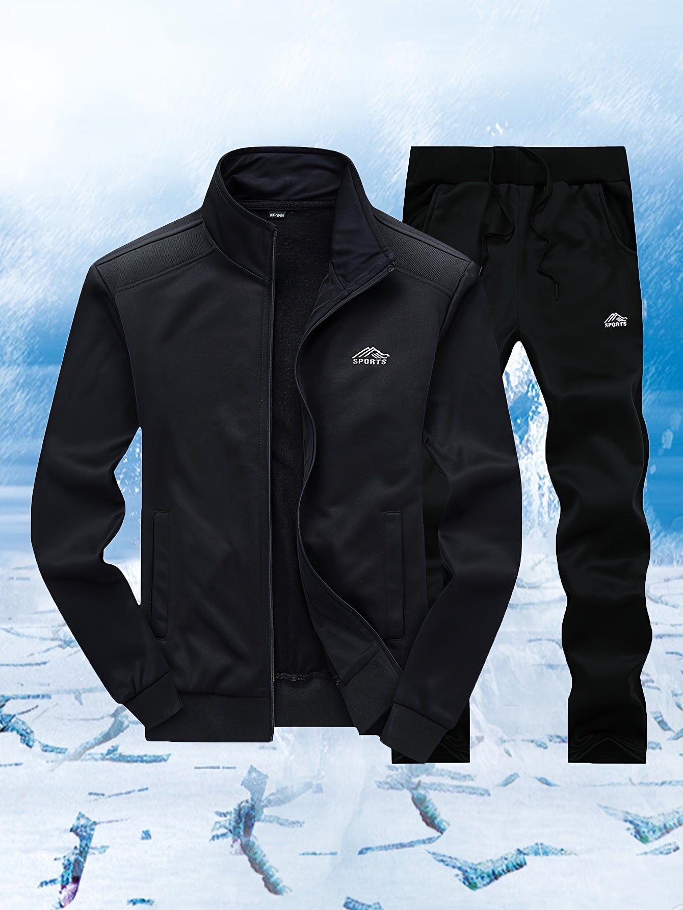 Men'S Casual Sportswear Set - Black Zip-Up Jacket & Pants with White Logo, Regular Fit, Spring/Fall Collection, Non-Stretch Fabric, Casual Attire|Zipup Jacket|Pants with Logo, Sweater Pants