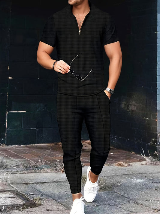 Տղամարդկանց նորաձև կարճ թևքերով երկար տաբատ, վաֆլիով տրիկոտաժե, կայծակաճարմանդով, շրջվող օձիքով, ամենօրյա, երկու կտորից բաղկացած հավաքածու