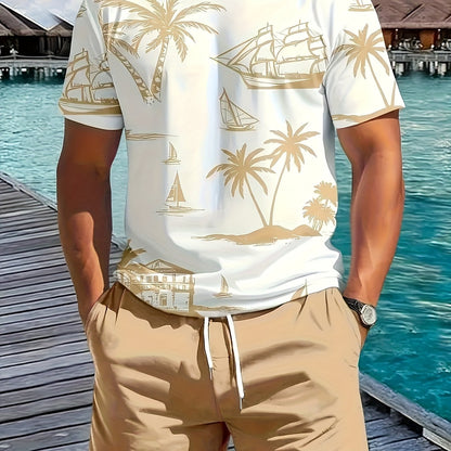 A set of 2 stylish Men's palm tree pattern summer fresh T-shirts and shorts, micro-stretch polyester knit fabric with a fitted fit, suitable for outdoor activities and family gatherings.