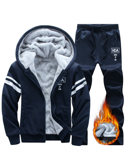 Autumn and Winter Men's Sports and Casual Suit, Men's Plus Velvet Thickened Sports Suit, Hooded Open Cardigan Fitness Suit, Warm Home Suit, Two-piece Set - ayq