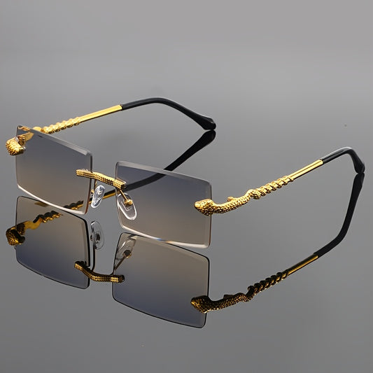 Unisex Square Frameless Fashion Glasses with Snake-Light Beige Metal Temples & Gradient Pink Tinted Lenses - Trendy Fashion Accessories for Street Style, Casual & Formal Outfits, Stylish Glasses, Decorative Eyewear, Goldtoned