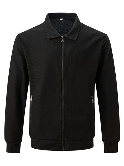 Men'S Waffle Jacket with Full-Zip Closure & Stand Collar - Full-Length Zipper Front, Long Sleeve Casual Coat, Machine Washable Outerwear for Spring/Fall, Winter - Everyday & Formal Events, Spring Fall Jacket, Outdoor Activiti