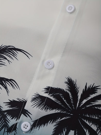 Men'S Casual Gradient Coconut Tree Short Sleeve Shirt + Shorts 2pcs Set - Tropical Palm Print, Button-Up Collared Design, Lightweight Polyester Blend for Spring/Summer Outings, Summer Outfit | Tropical Print | Lightweight Fab