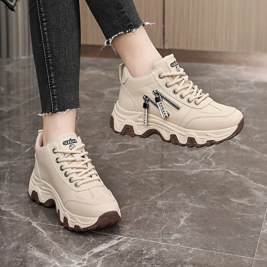 Women's White Platform Sneakers - Chunky Platform Shoes with Cushioned PVC Sole, Lace-Up Low-Top for Everyday, Travel, Office - All-Season Synthetic Cover - Leg-Lengthening Design, Ladies Sneakers, Travel Footwear, Chunky Sol