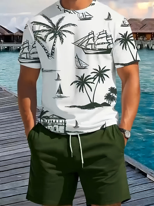 Men's 2025 Summer New Short Sleeve Shorts Set: Beach Casual 3D Coconut Tree Print, 2pcs Fashionable Palm Pattern T-Shirt and Shorts with Slight Stretch Polyester Knit Fabric, Slim Fit for Outdoor Activities & Family Gathering