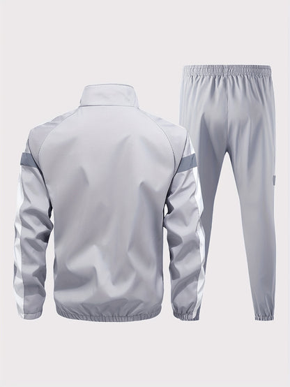 Men'S Casual Sportswear Set - 2pcs Autumn Fashionable Lightweight Fleece Jacket & Pants, Black & White with Red & Gray Accents, Perfect for Outdoor Activities & Casual Wear, Outdoor Casual Wear | Stylish Sportswear | Comforta