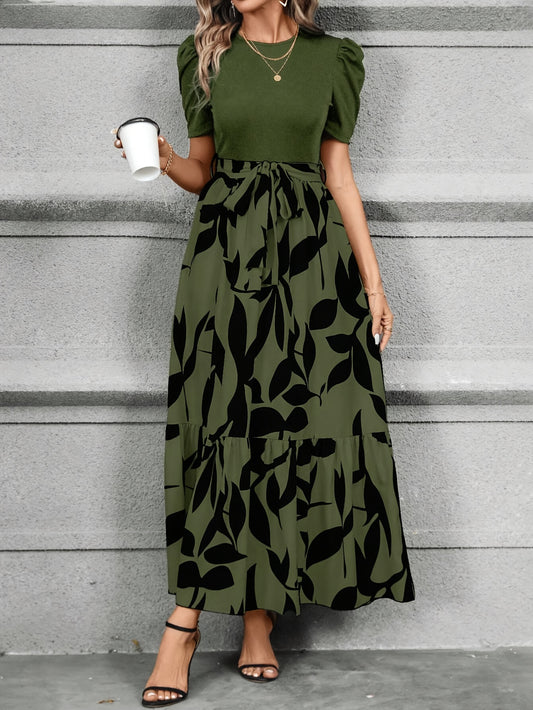 Print Midi Dress with Belt - Crew Neck, Short Sleeve, Non-Stretch Polyester - Machine Washable - Perfect for All Seasons - ayq