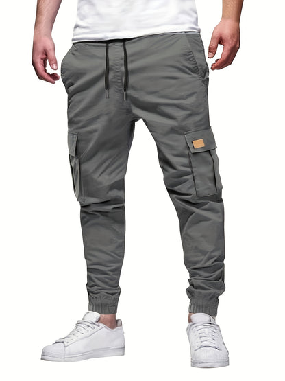 Men'S Fashion Cargo Pants, 100% Polyester Woven Fabric, All-Season Loose Fit with Drawstring Waist, Multi-Pocket Design, Solid Color, Mid Waist, Regular Length, Non-Stretch, Casual Joggers for Weekend - 160g/m²