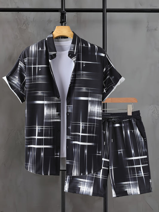 Men'S Stylish Gradient Shirt Set - Brown & White Geometric Pattern, Short Sleeve with Pocket, Loose Fit Shorts, Perfect for Beach, Camping, Fishing & Outdoor Activities, Casual Attire|Geometric Pattern Shirt|Woven Fabri