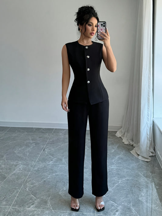 Elegant Crew Neck Pantsuit, Solid Color Sleeveless Suit, Polyester Blend Woven Fabric, Chic Office Wear for Women, for Spring/Fall - ayq