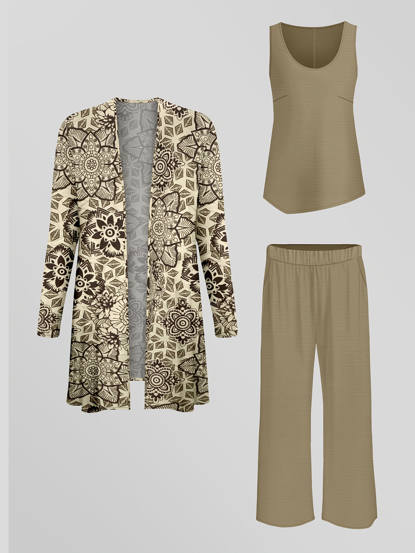 Stylish Elegant Set, Printed Long Sleeve Cardigan with Solid Color Vest and Casual Pants, Everyday Three-Piece Outfit