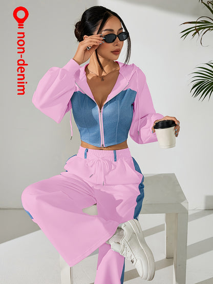 Women'S Stylish Two-Piece Set - Blue & Black Zip-Up Hoodie with Pockets, Long Sleeve Crop Top, and Wide-Leg Pants, Perfect for Spring/Fall, Casual Elegance, Casual Attire|Modern Casualwear|Zippered Hoodie