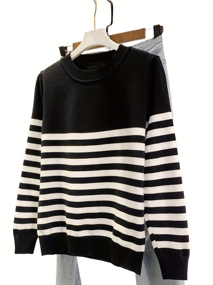 Կանացի Casual Color Block Crew պարանոցով սվիտեր, երկարաթև տրիկոտաժե վերնաշապիկ, վիսկոզայի խառնուրդ 75% պոլիեսթեր 25%, միջին ձգվող, բոլոր եղանակներին, 350 գ/մ² Գործվածքի քաշը