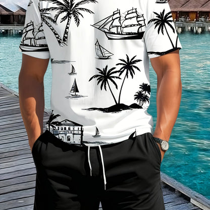 Men'S 2pcs Summer Outfit Set - Coconut & Yacht Print, Crew Neck, Knit Polyester 100%, Slight Stretch, Regular Fit, Casual Weekend Wear, 180gsm - Daily & Leisure Style