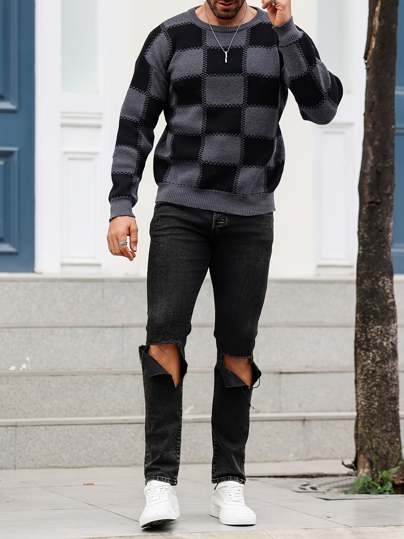 Տղամարդկանց գունաբլոկինգ տեքստուրային պրինտ, պատահական թրենդային սվիտեր, երկարաթև պուլովեր՝ որպես նվեր աշնան և ձմռան համար