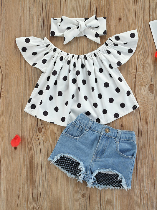 Toddler Baby Girls Polka Dots Off The Shoulder Ruffle Crop Top & Denim Short & Headband Kids Clothes Set Summer Outdoor Outfits - Ayq