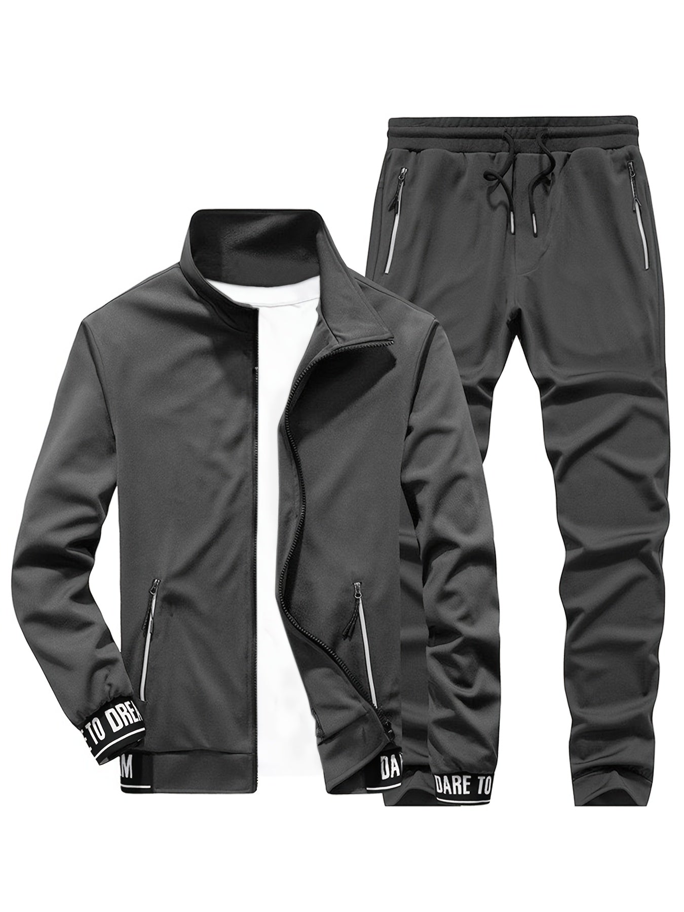 Տղամարդկանց ամենօրյա սպորտային հագուստի հավաքածու - բեժ գույնի ճարմանդով բաճկոն և մարզական տաբատ "DARE TO BE" տպագրությամբ, երկար թևերով, գրպաններով և քաշվող գոտիով, իդեալական է վազքի և հանգստի համար, գարուն/աշուն հավաքածու, գարուն-աշուն հագուստ | Zipup J